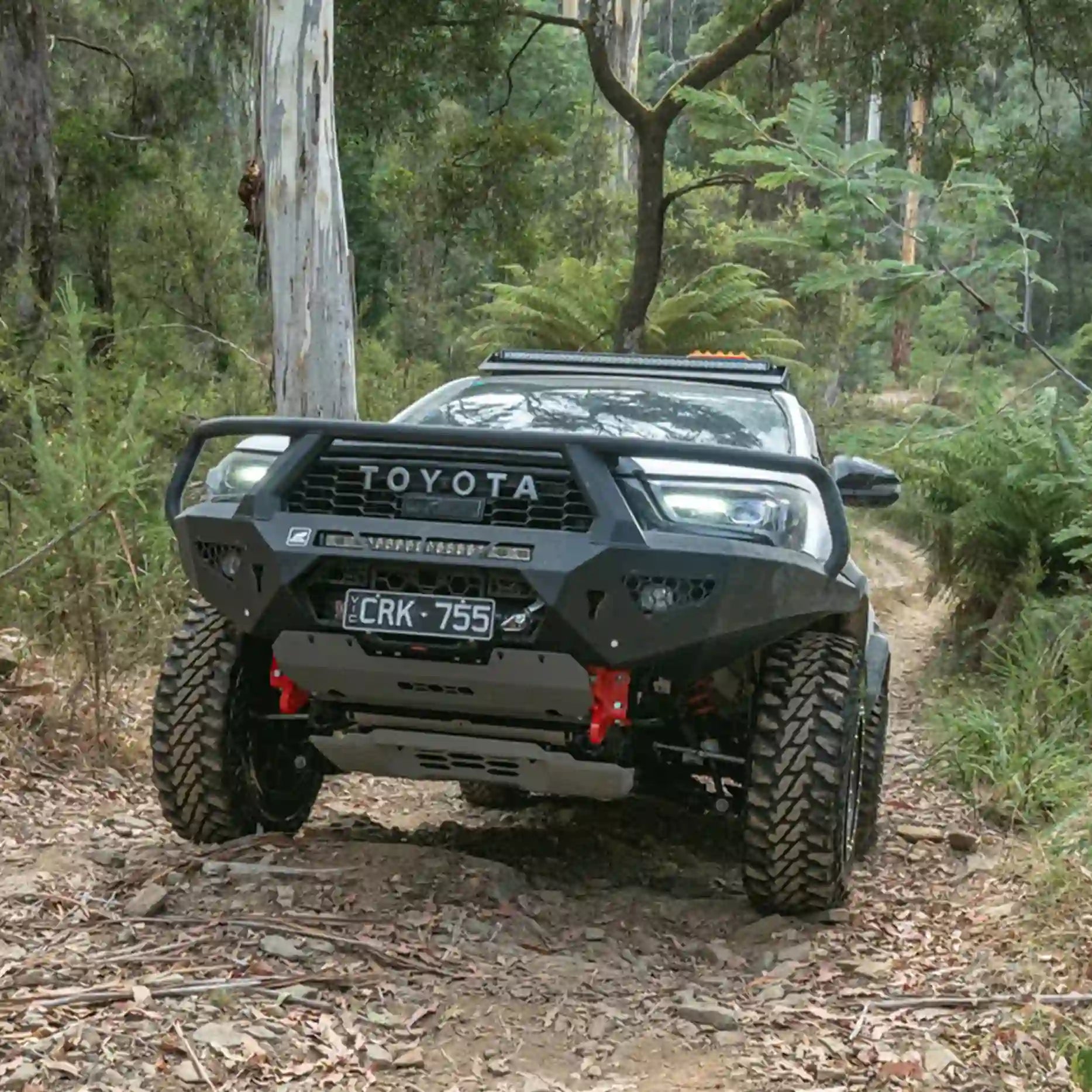Offroad action shot of the Offroad Animal Toro Bull Bar on a Toyota Hilux GR Sport, built for strength, clearance, and real-world adventure. Elevated 4x4’s expert design ensures protection, winch readiness, and head-turning appeal — perfect for rugged tracks across Newcastle, Maitland, and the Hunter Valley.
