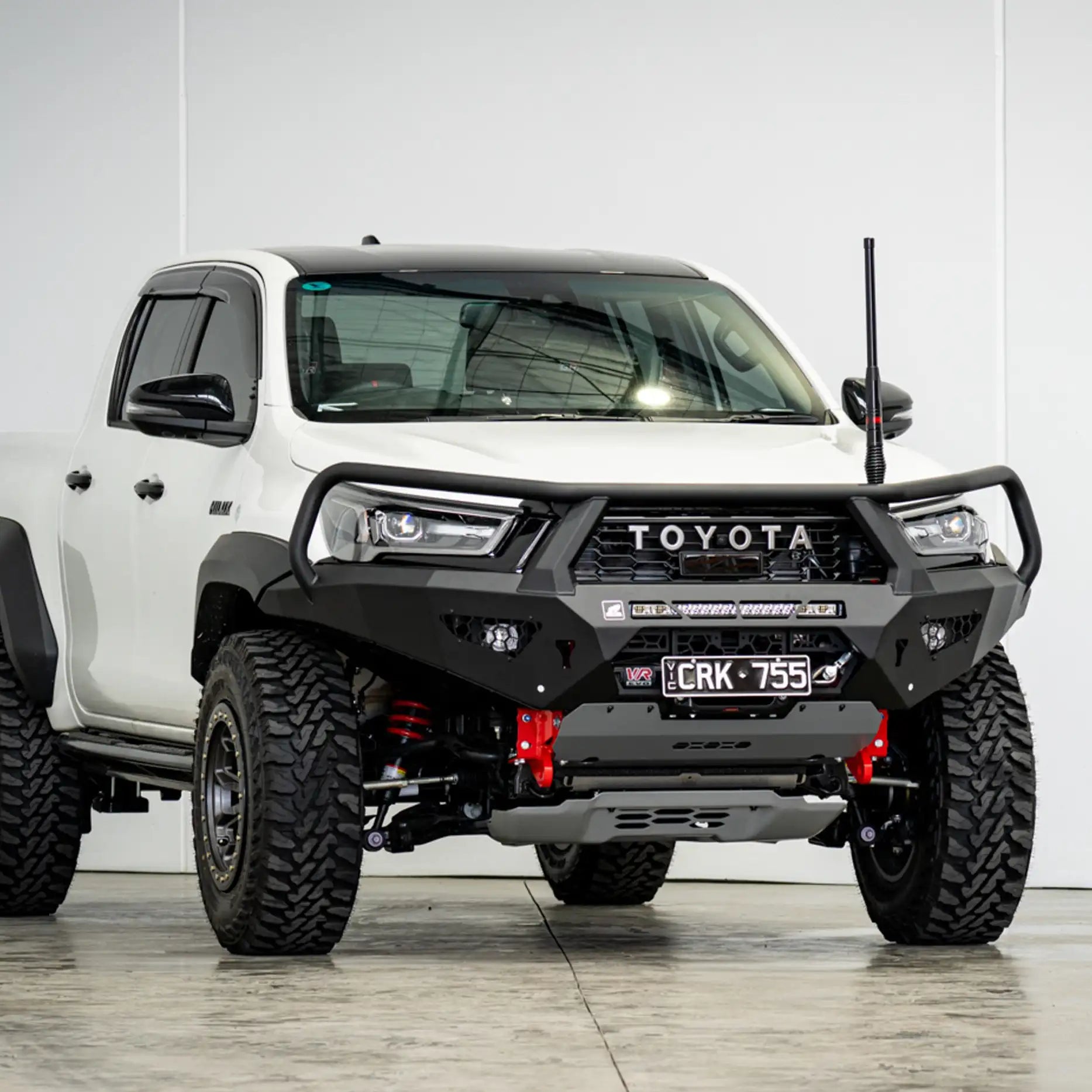 Right-side view of the Offroad Animal Toro Bull Bar installed on a Toyota Hilux GR Sport, emphasizing its precision fitment, aerodynamic design, and durable steel build. Engineered by Elevated 4x4, it combines aggressive styling with unmatched practicality for Australian touring and off-road adventures.