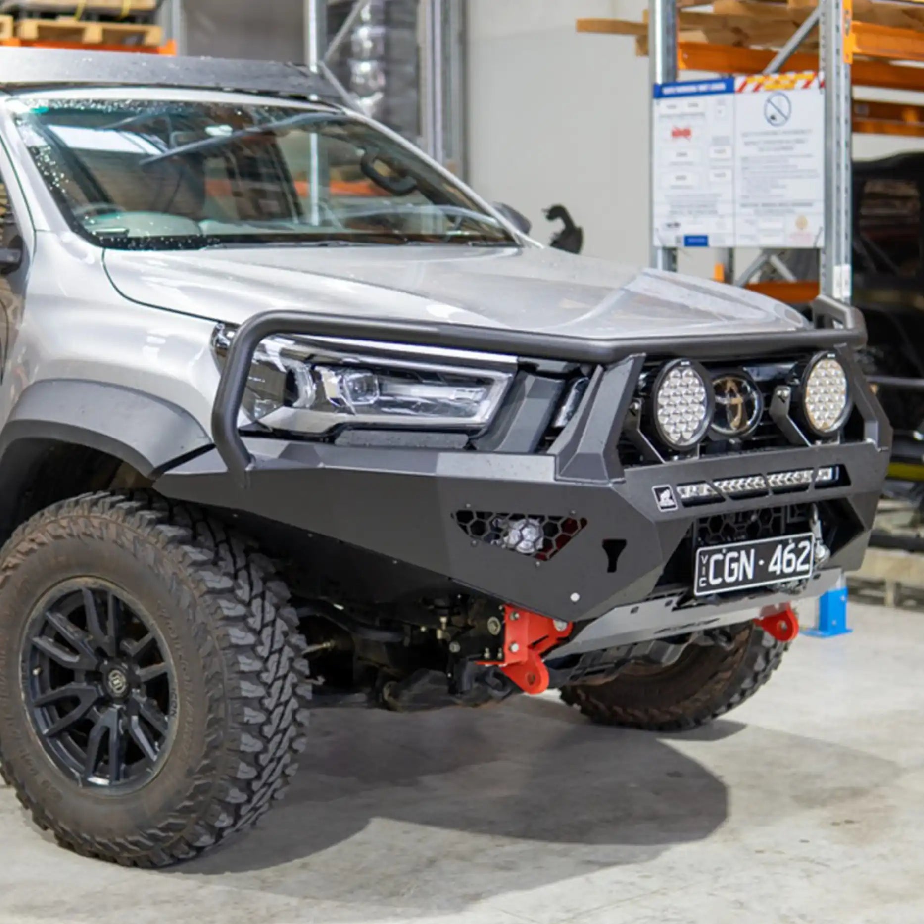 Close-up right view of the Offroad Animal Toro Bull Bar on a Toyota Hilux Rogue Wide Body N80, detailing its welded wing supports, hi-lift jacking points, and optional LED light bar integration. Elevated 4x4’s superior craftsmanship delivers unmatched durability and off-road capability.