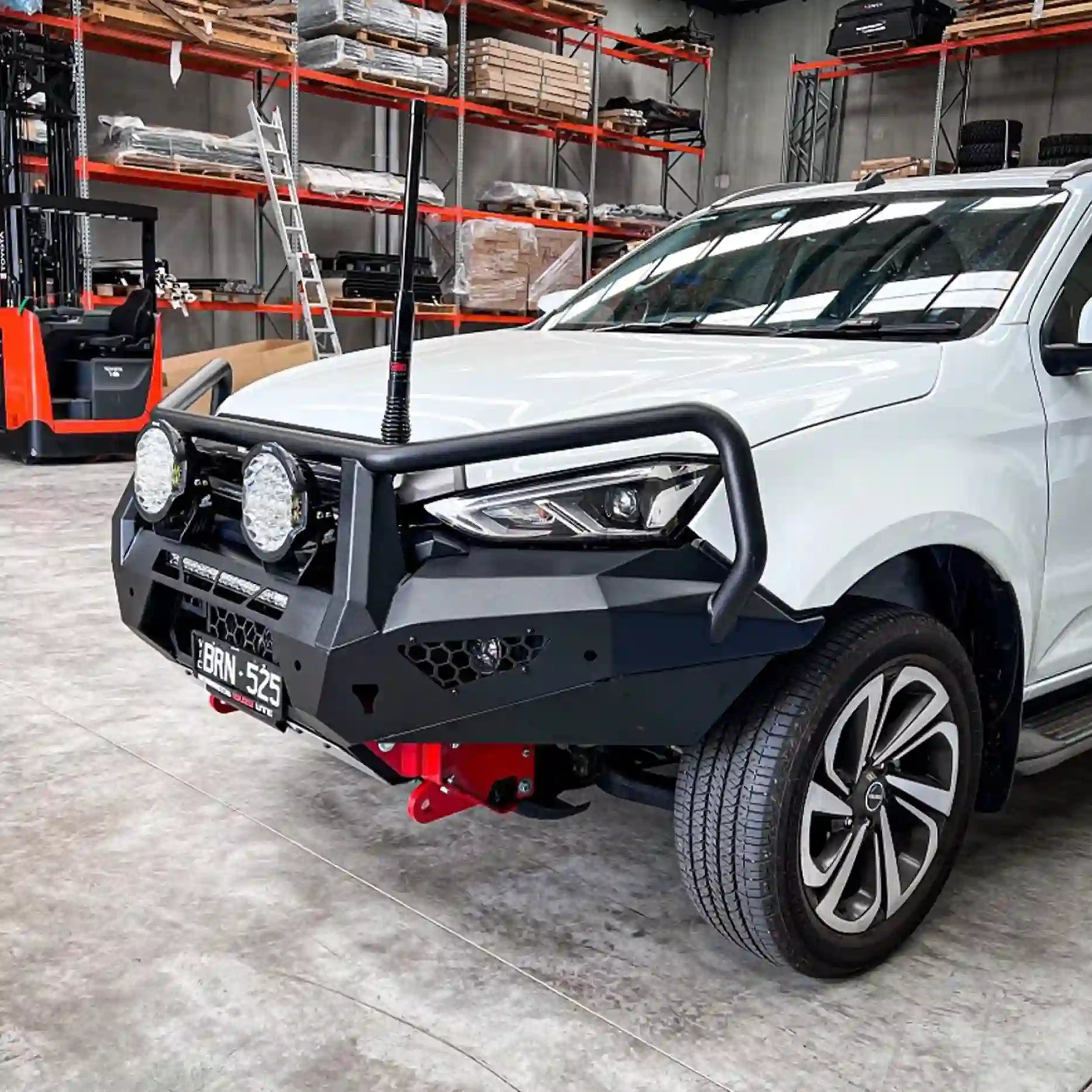 Right-side off-road view of the Offroad Animal Toro Bull Bar fitted to a 2021–2024 Isuzu MU-X, showcasing winch compatibility and rugged detailing. Professionally equipped by Elevated 4x4, this premium bull bar ensures durability, protection, and confidence for adventurous Australian 4WD owners seeking functional style.