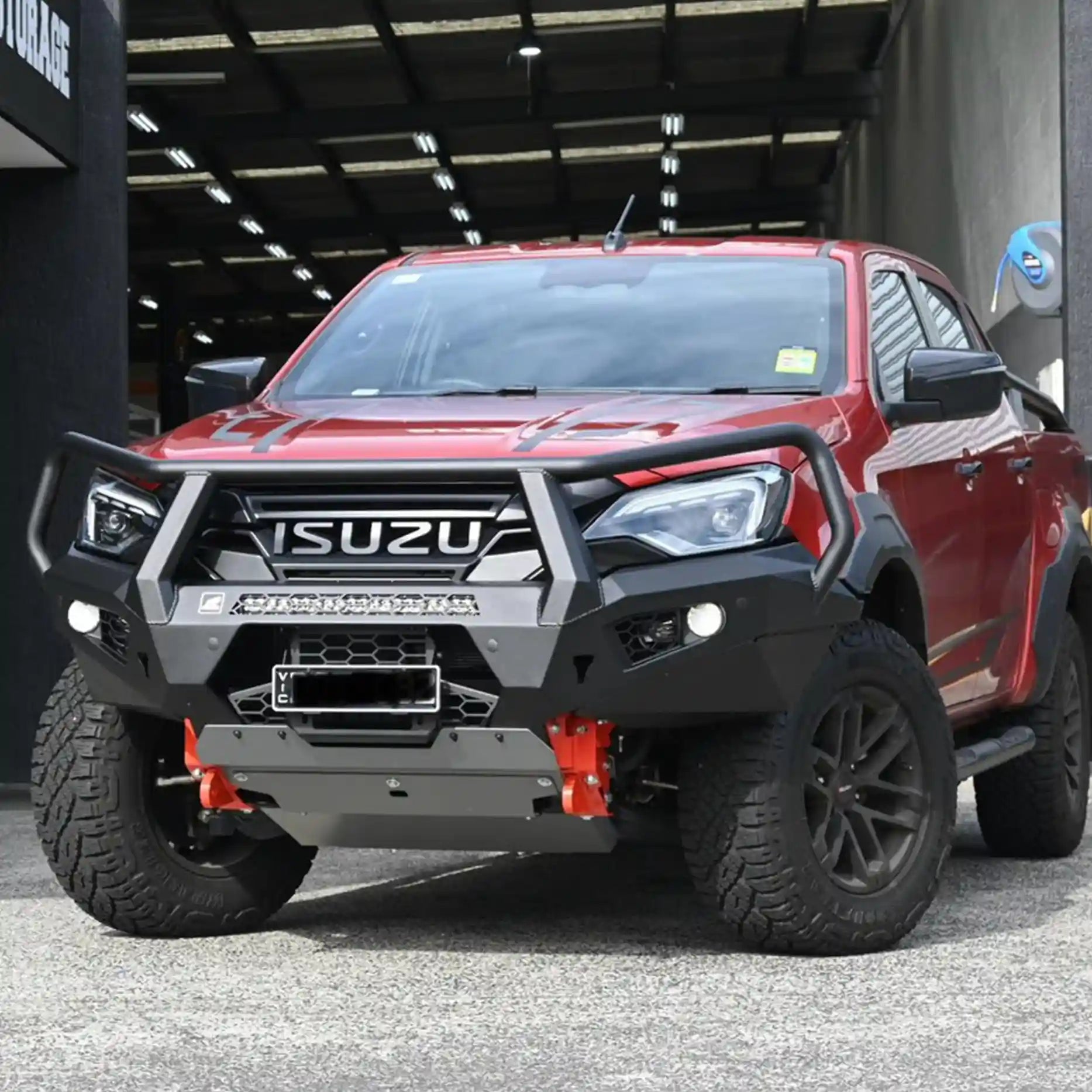 Close-up right-side shot of the Offroad Animal Toro Bull Bar on an Isuzu D-MAX 2024+, showcasing heavy-duty recovery points, fog light integration, and LED setup. Professionally equipped by Elevated 4x4, this bar combines bold aesthetics with battle-ready strength, making it the ultimate upgrade for adventure-ready Aussies.