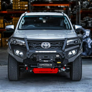 Front view of Toyota Fortuner with Hamer King Plus Bull Bar, 3mm steel ADR compliant, matte black finish, sleek rugged design.