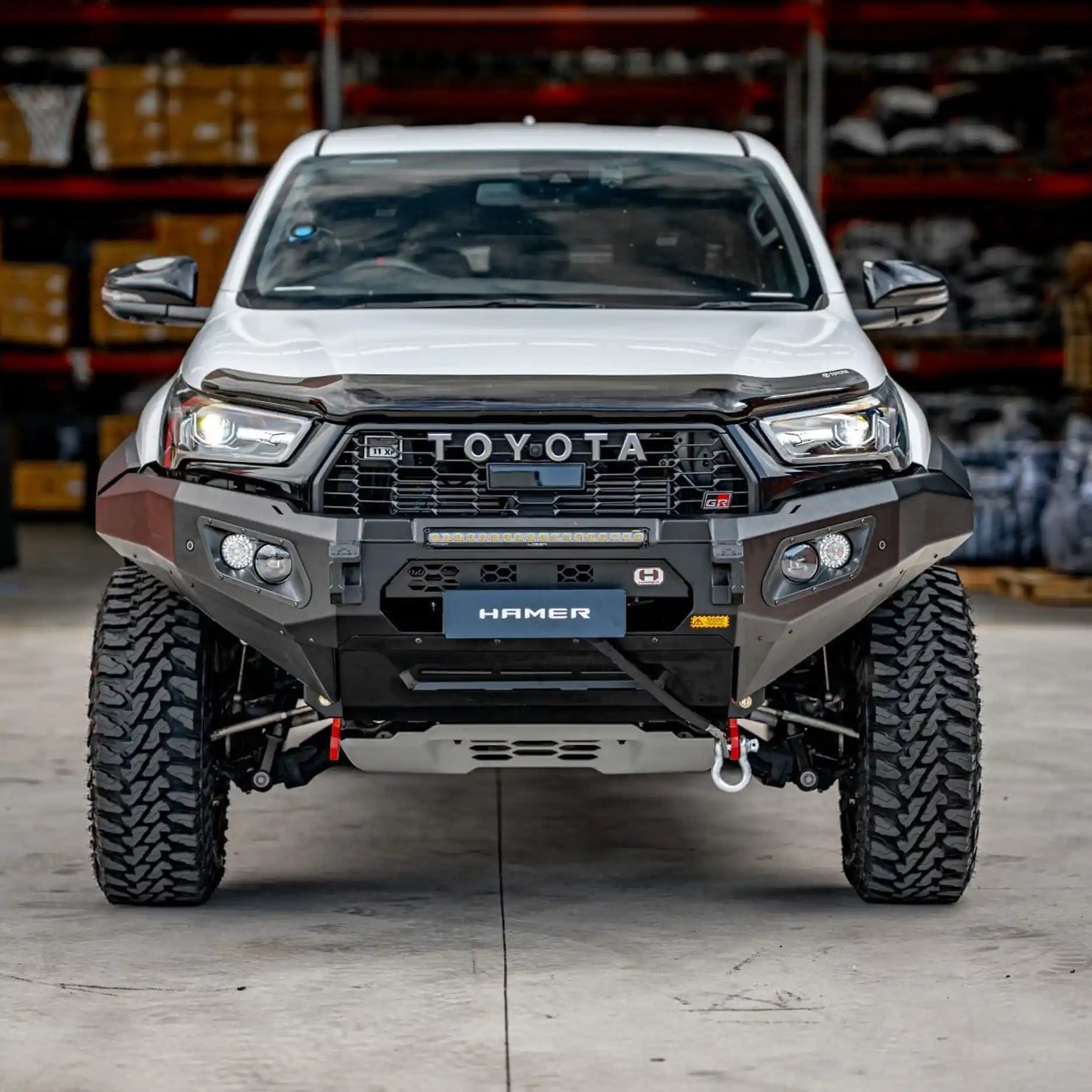 Front view of Toyota Hilux GR (2023–Present) with Hamer King Bull Bar, 3mm steel, ADR compliant, and integrated LED lighting.