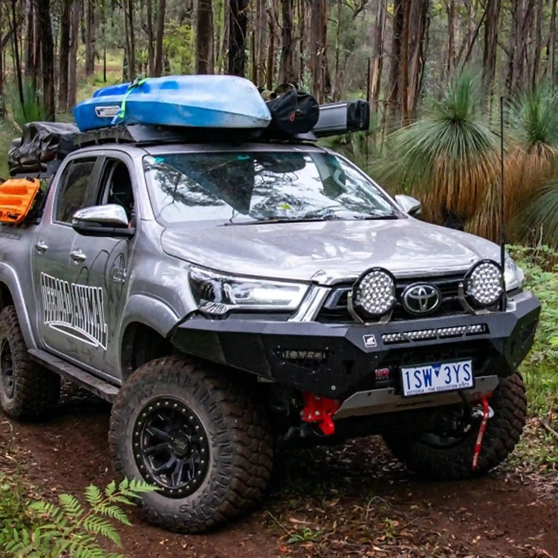 Left angle view of the Offroad Animal Predator Bull Bar, showing the sleek, close-to-body fitment and high-lift jack points. Installed by Elevated 4x4 Cardiff, this ADR-compliant bull bar is built for both off-road durability and modern vehicle technology compatibility.