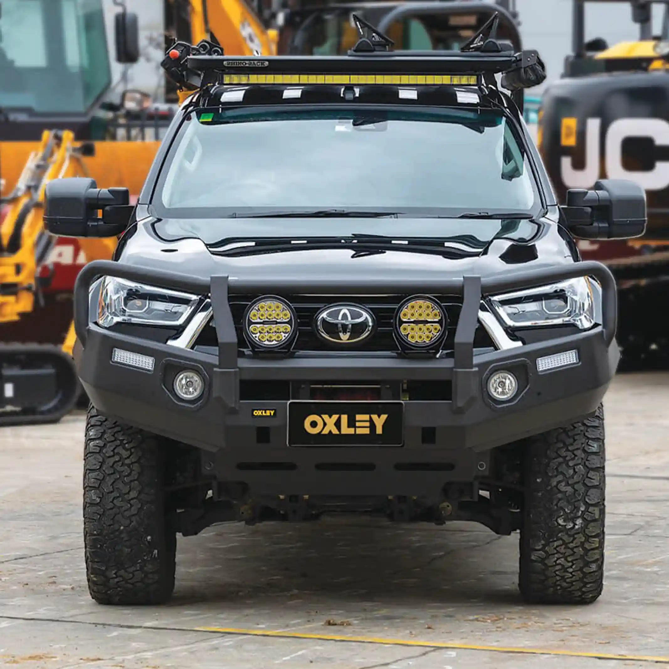 front installed oxley bull bar on toyota hilux 2020 on showcasing adr compliant matte black design elevated 4x4