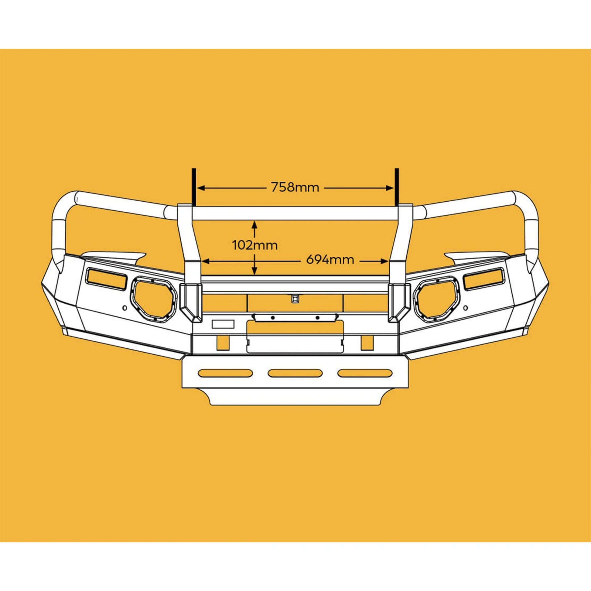 oxley bull bar product front for toyota hilux showing measurements and mounting provisions elevated 4x4