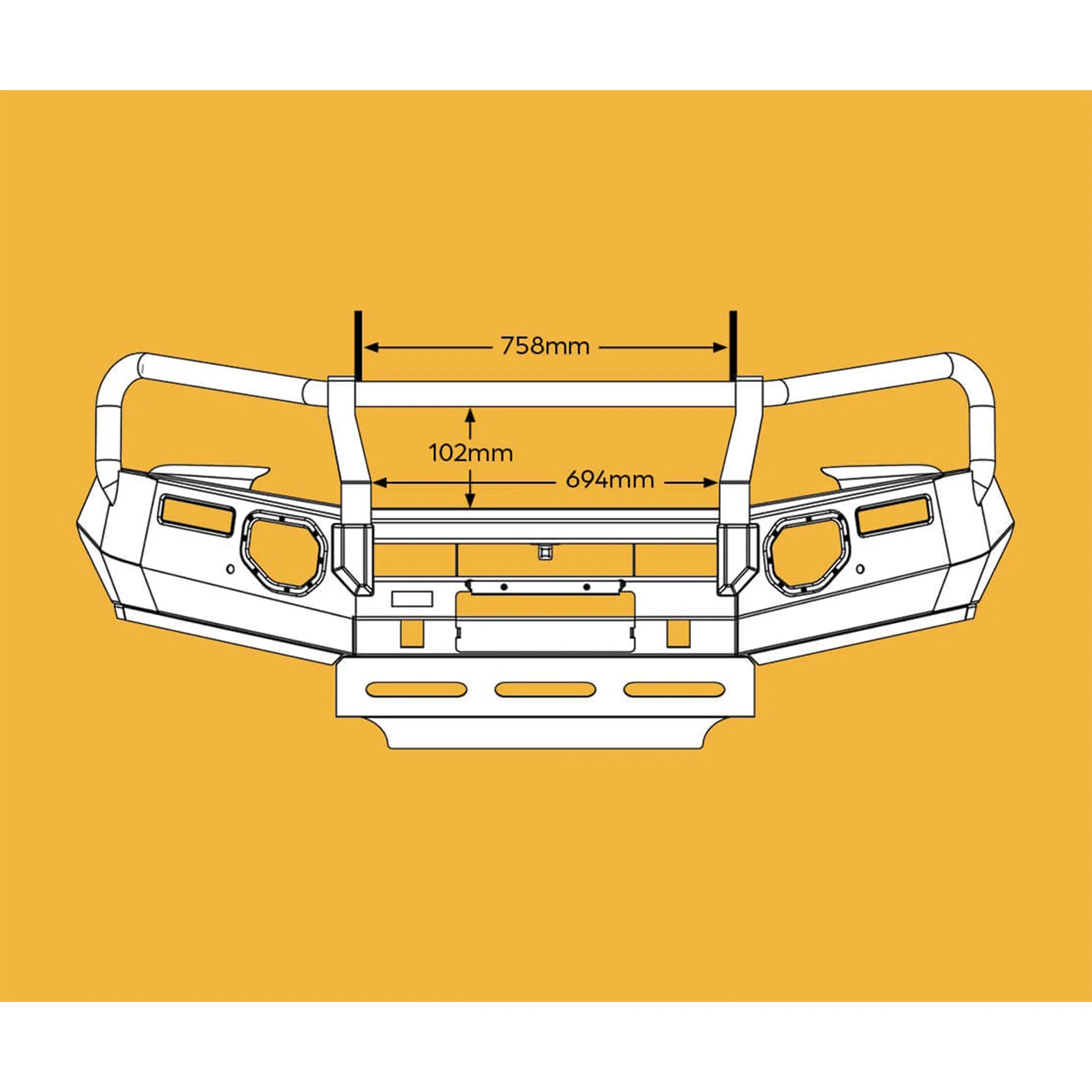 oxley bull bar product front for toyota hilux showing measurements and mounting provisions elevated 4x4