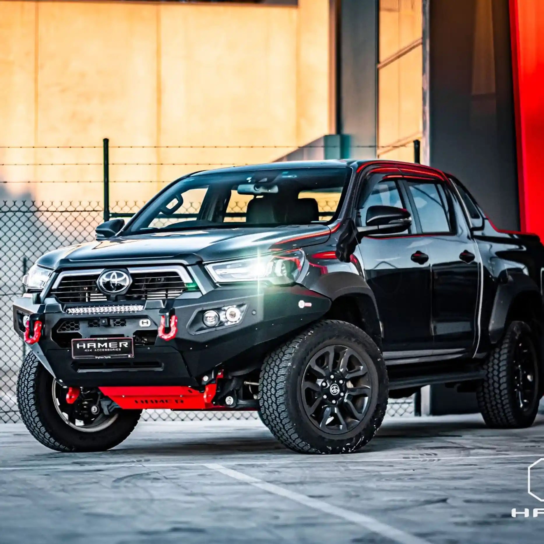 Right side view of Toyota Hilux Rogue (2022–Present) equipped with Hamer King Bull Bar, stylish and functional matte black finish.