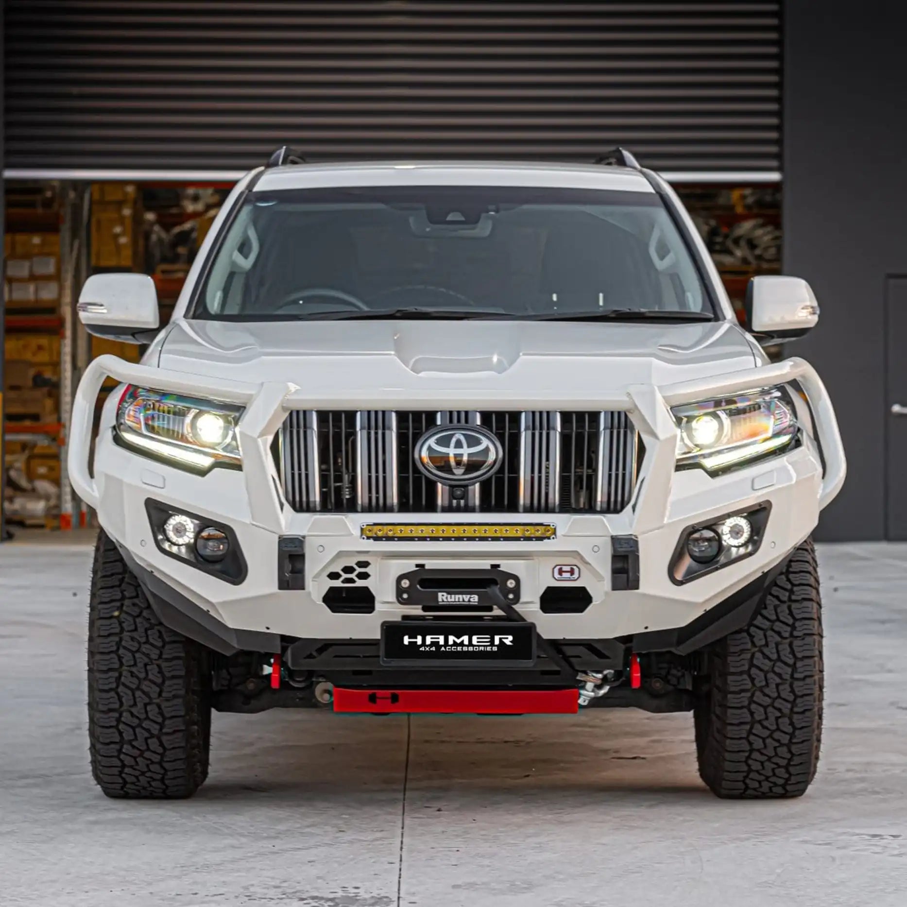 Rugged front shot of Toyota Landcruiser Prado 150 showcasing Hamer King Plus Bull Bar, engineered for protection, style, and winch compatibility.