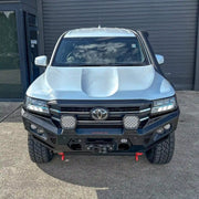 Front view of Landcruiser 300 with Hamer King Series Bull Bar, 3mm steel, winch ready, ADR compliant, matte black with LED lighting.