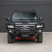 Front view of Landcruiser 300 with Hamer King Series Plus Bull Bar, 3mm steel, triple loop protection, ADR compliant, winch compatible.