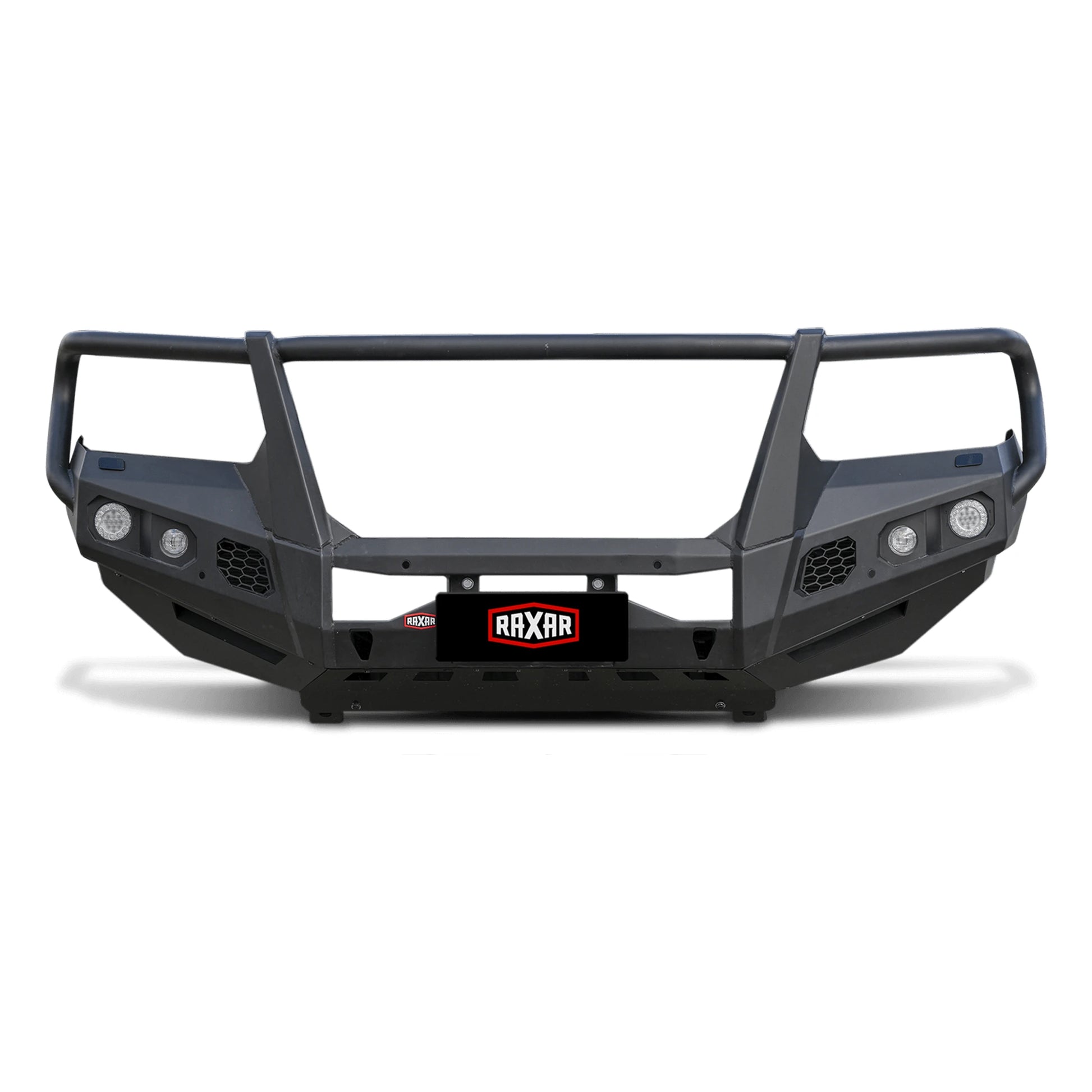 This clean product front view of the Toyota LandCruiser 300 RAXAR looped bull bar from Elevated 4x4 showcases its strong powder-coated matte black finish, precise fit, and durable split-pan construction. Designed for Australian 4WD adventures, it ensures superior performance and dependable protection.