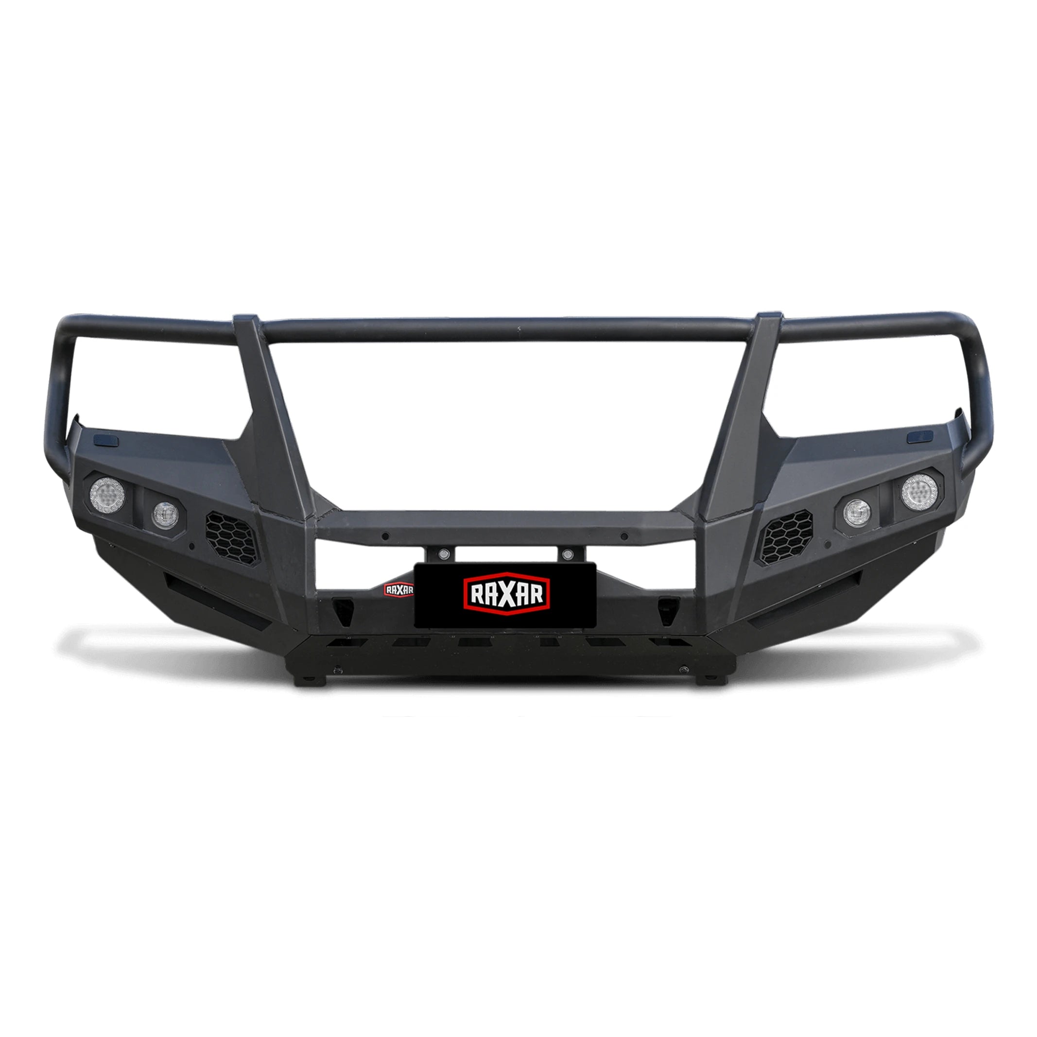This clean product front view of the Toyota LandCruiser 300 RAXAR looped bull bar from Elevated 4x4 showcases its strong powder-coated matte black finish, precise fit, and durable split-pan construction. Designed for Australian 4WD adventures, it ensures superior performance and dependable protection.