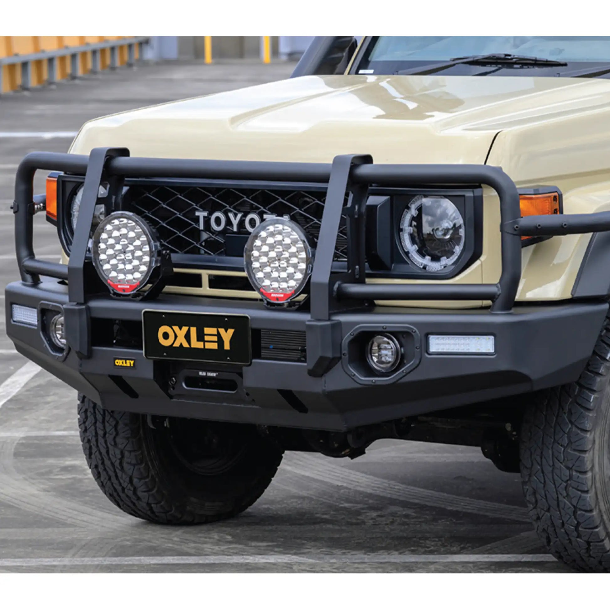 right installed oxley bull bar landcruiser 79 series single cab 2024 rugged design recovery points elevated 4x4