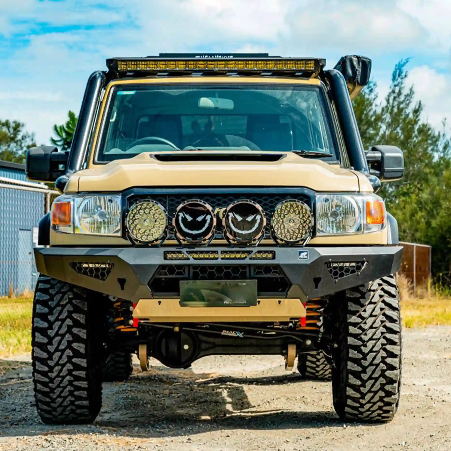 Front-on view of the Offroad Animal Predator Bull Bar fitted to a Toyota Land Cruiser 79 Series, showcasing aggressive design, perfect fitment, and superior protection. Designed and installed by Elevated 4x4, this bar combines style and strength for serious off-road driving across Newcastle and the Hunter Valley.