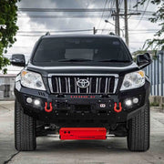 Front view of Toyota Prado 150 (2009–2013) fitted with Hamer King Bull Bar, matte black, ADR compliant with integrated LED lighting.