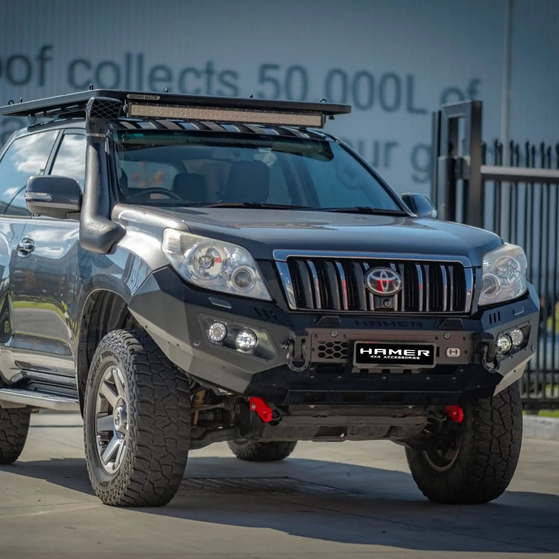 Left side view of Prado 150 (2009–2013) with Hamer King Bull Bar, recovery points and headlamp washer accommodation.