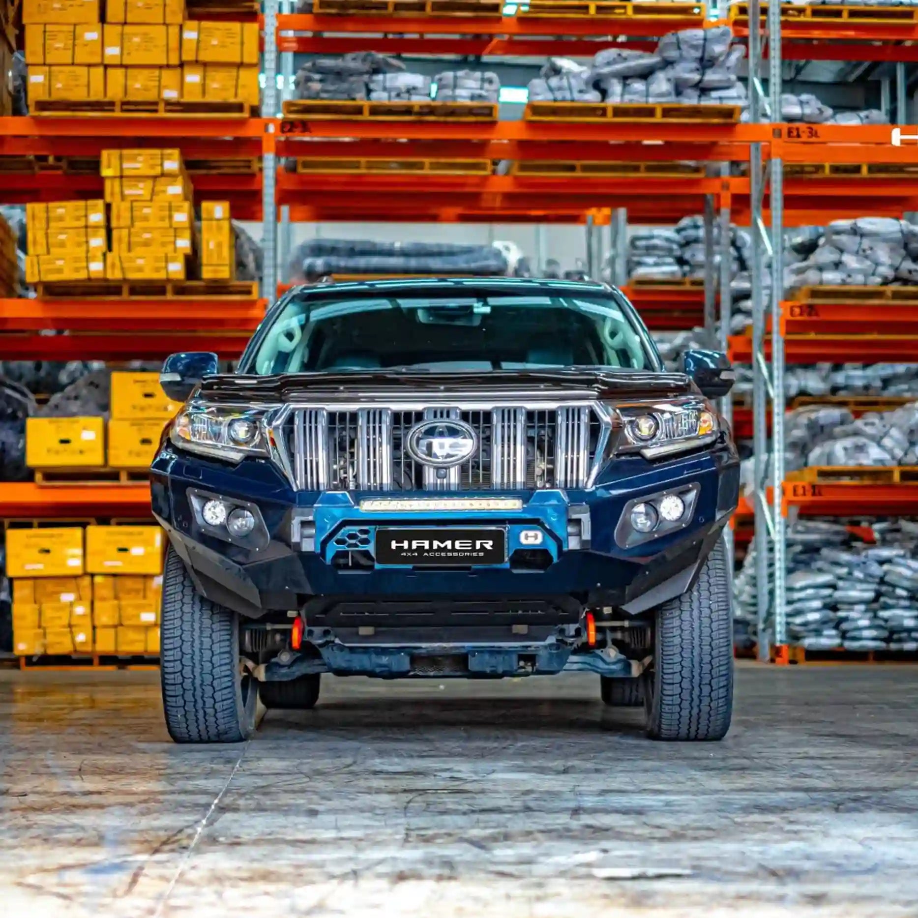 Front view of Toyota Prado 150 with Hamer King Series Bull Bar, 3mm steel, ADR compliant, rugged matte black finish.
