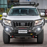 Front view of Hamer King Plus Bull Bar for Toyota Prado 150 Series (2009–2013), heavy-duty bumper replacement with matte black finish.
