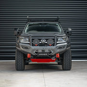Front view of Volkswagen Amarok (2023 – Present) fitted with Hamer Atlas Series Plus Bull Bar in matte black finish, ADR compliant, featuring integrated LED fog lamps, DRLs, and winch compatibility.