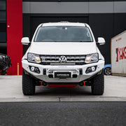 Front view of Volkswagen Amarok (2010–2022) with Hamer King Series Bull Bar, showing sleek integration, LED fog lamps, and ADR compliant 3 mm steel.