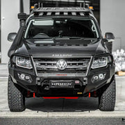 Front view of Volkswagen Amarok (2010–2022) fitted with Hamer King Series Plus Bull Bar, matte black finish, ADR compliant, with LED fog lamps and winch compatibility.