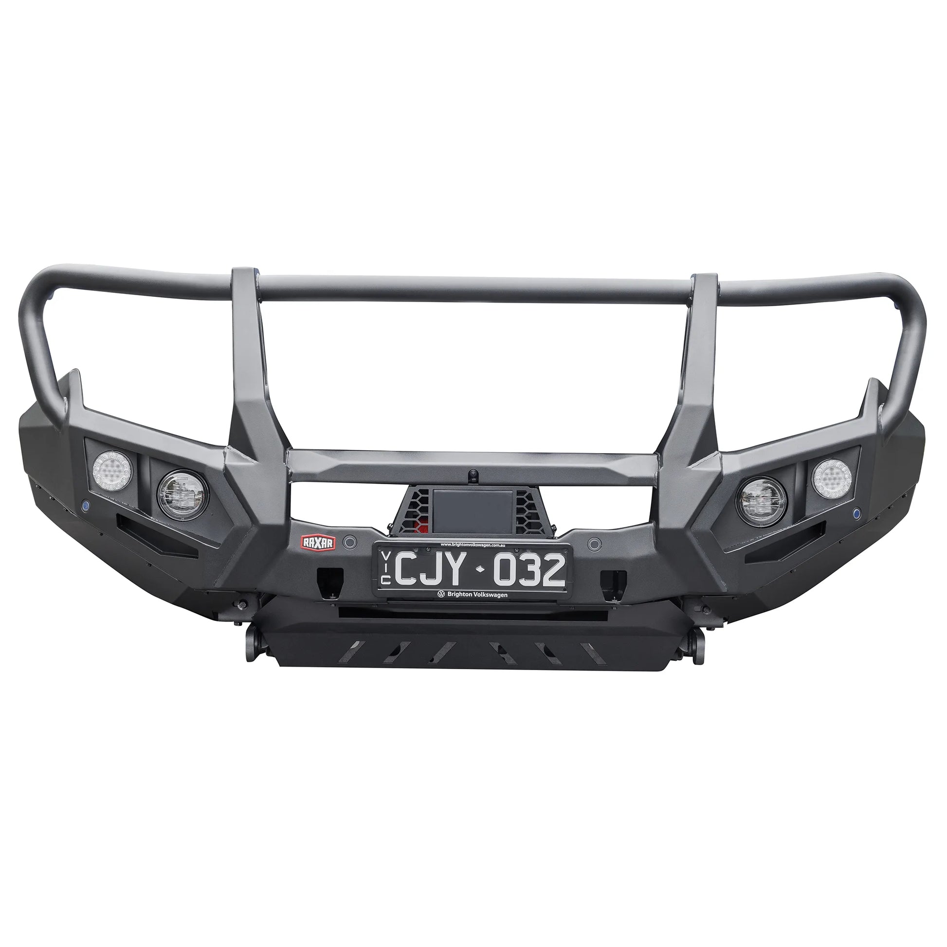 This product-only front view of the VW Amarok looped bull bar from Elevated 4x4 demonstrates precise RAXAR engineering with integrated driving light mounts, sensor compatibility, and durable powder-coated finish. Designed for 4WD owners across Australia, it offers premium protection and a tough off-road look.