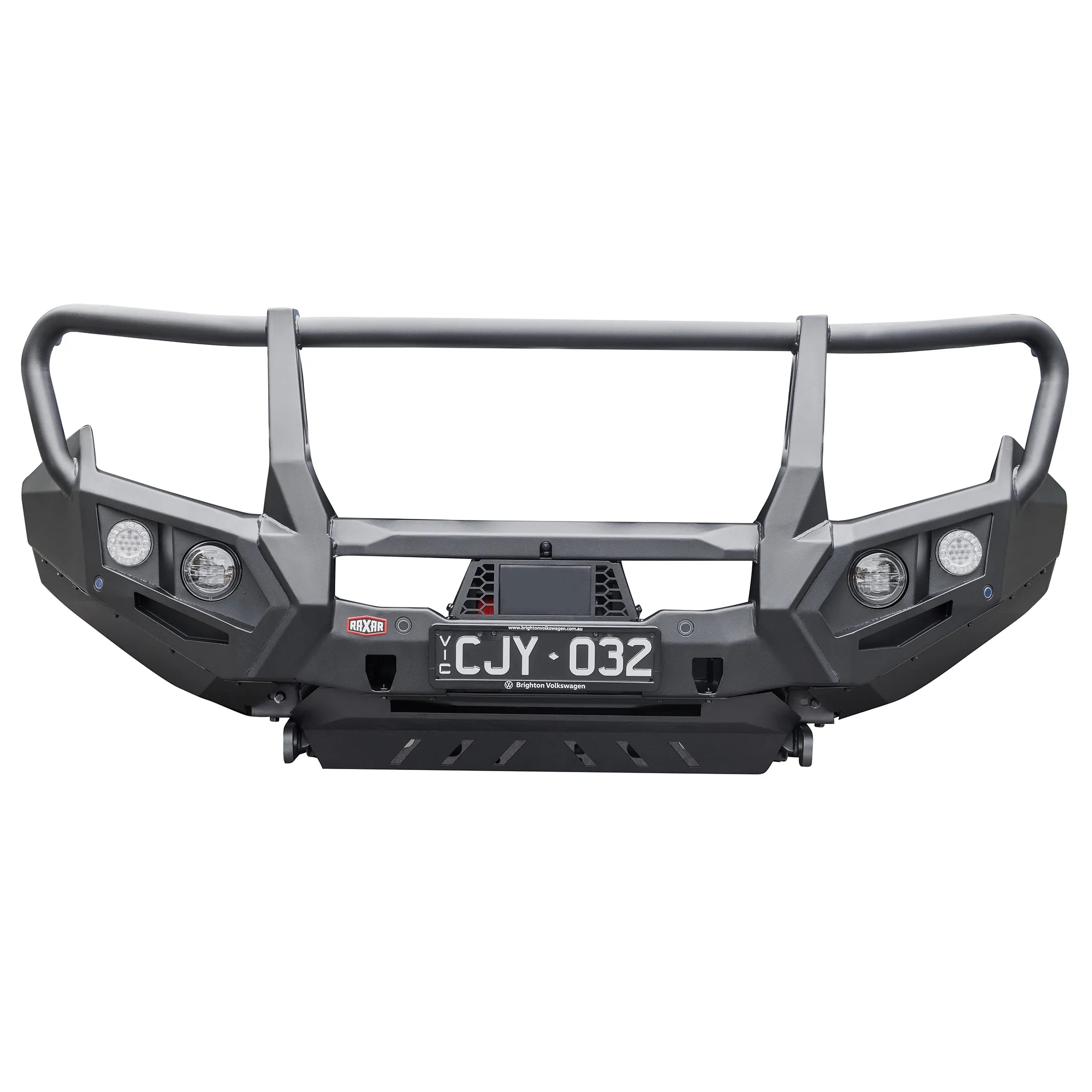 This product-only front view of the VW Amarok looped bull bar from Elevated 4x4 demonstrates precise RAXAR engineering with integrated driving light mounts, sensor compatibility, and durable powder-coated finish. Designed for 4WD owners across Australia, it offers premium protection and a tough off-road look.