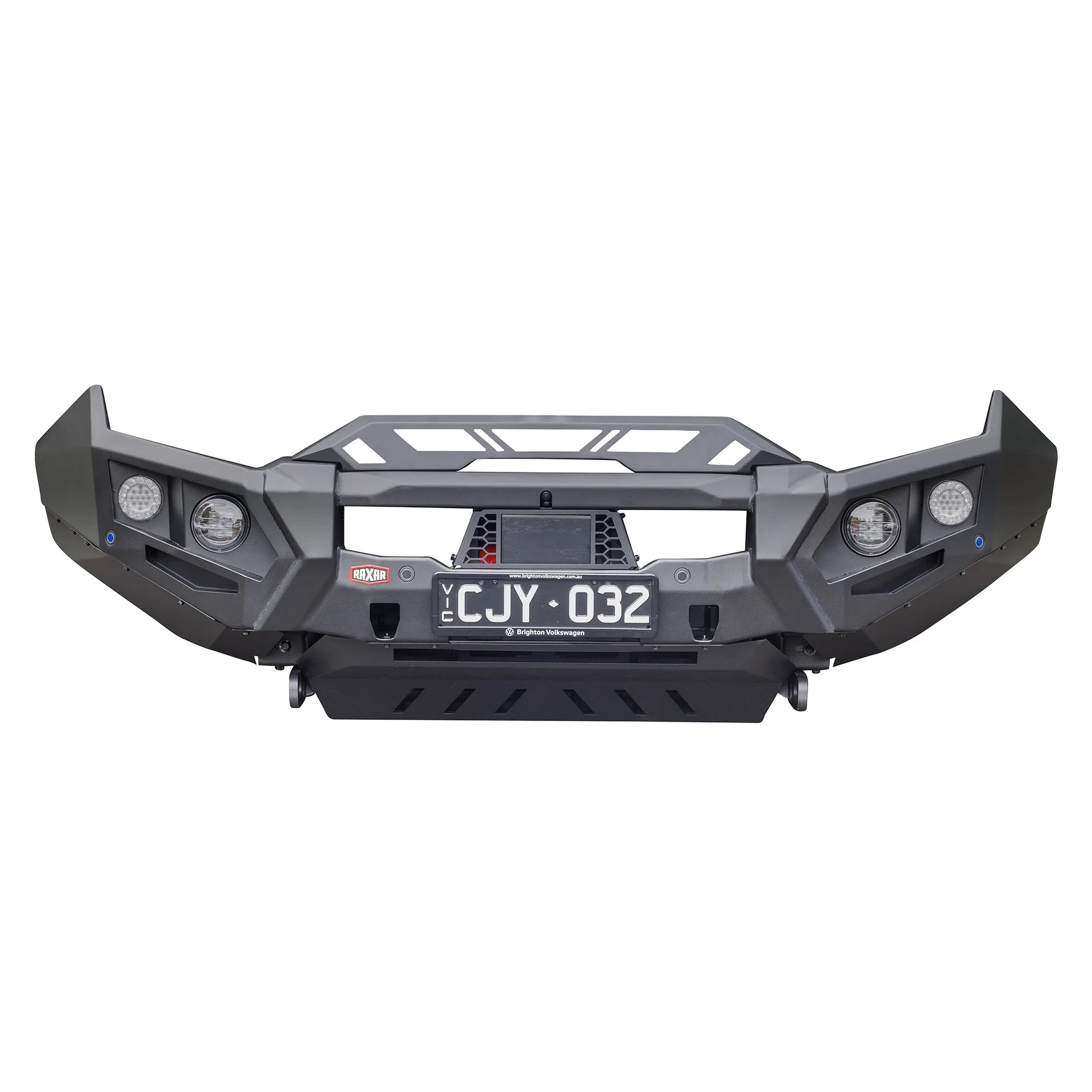 This product-only front view of the VW Amarok no loop bull bar from Elevated 4x4 shows its sleek design, powder-coated matte black finish, and integrated driving light mounts. Engineered by RAXAR, it offers Australian drivers reliable off-road protection and a modern, functional 4WD upgrade.
