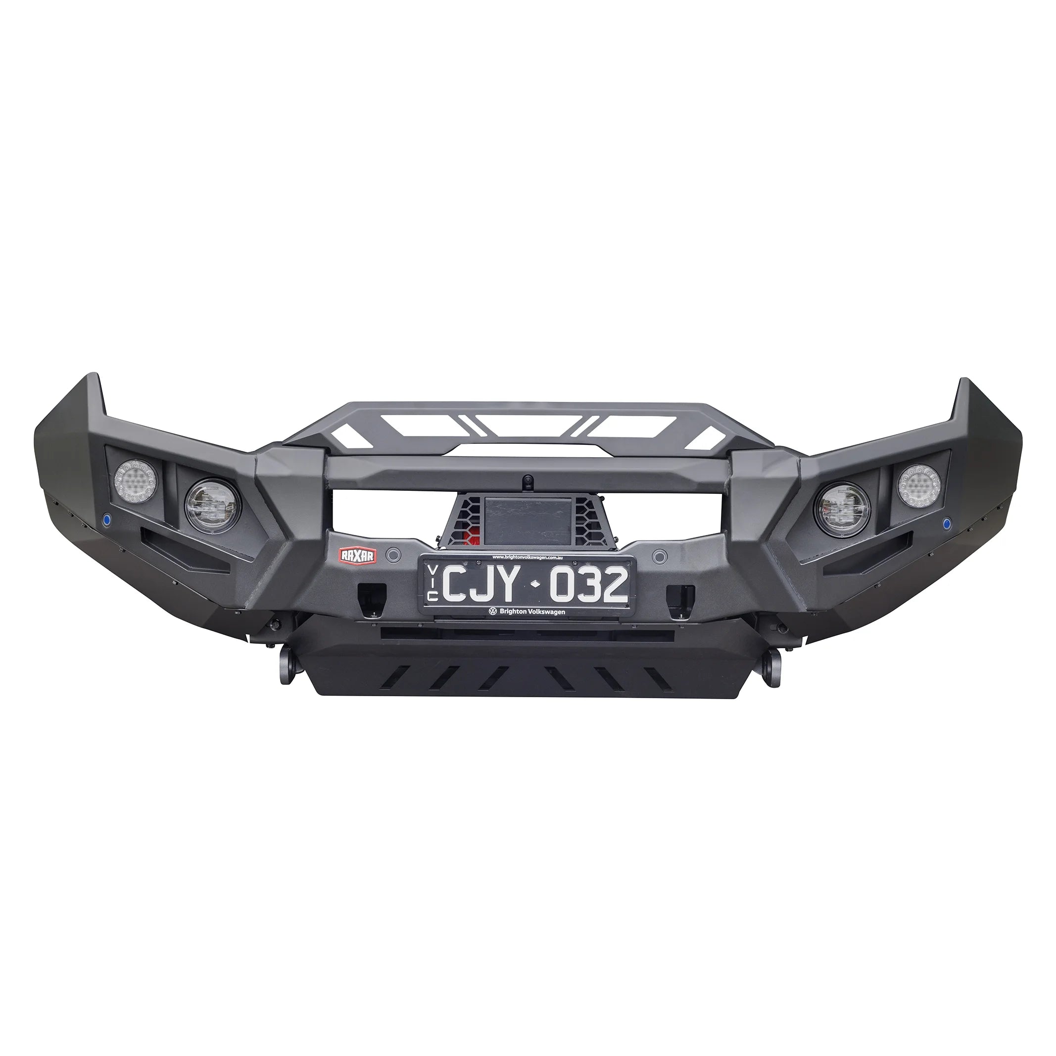This product-only front view of the VW Amarok no loop bull bar from Elevated 4x4 shows its sleek design, powder-coated matte black finish, and integrated driving light mounts. Engineered by RAXAR, it offers Australian drivers reliable off-road protection and a modern, functional 4WD upgrade.